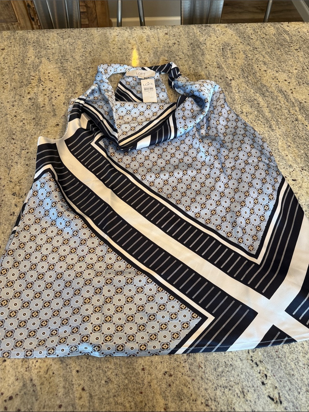 LOFT Light Blue and Navy Geometric Scarf, cowl neck halter top. Size medium.